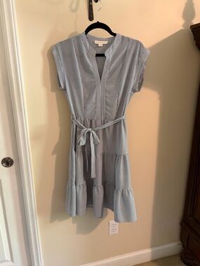 Monteau Blue and White Striped Tie-Waist Midi Dress